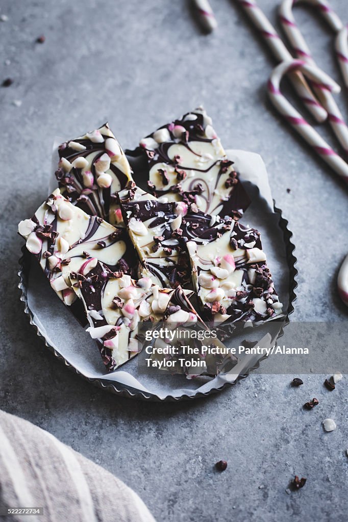 All-natural dark chocolate peppermint bark with cacao nibs and flaky salt
