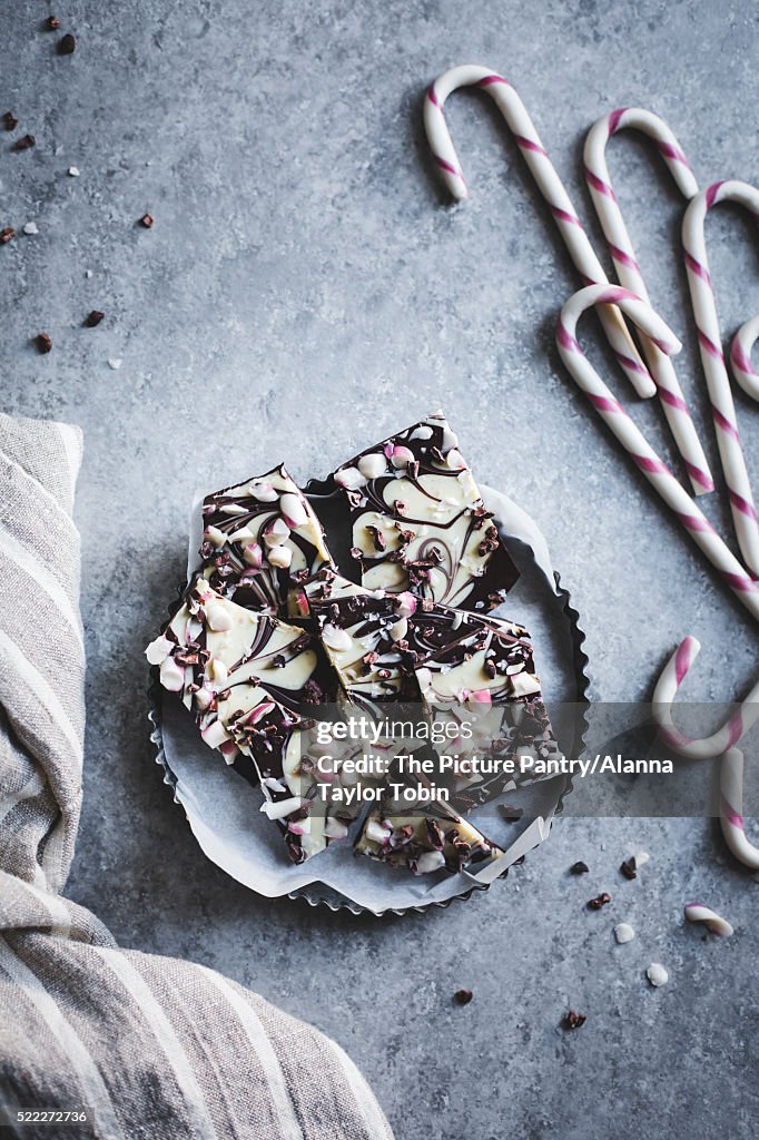 All-natural dark chocolate peppermint bark with cacao nibs and flaky salt