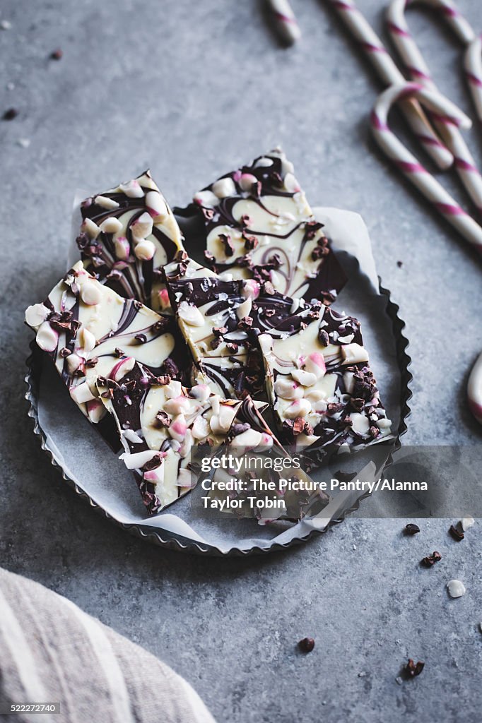 All-natural dark chocolate peppermint bark with cacao nibs and flaky salt