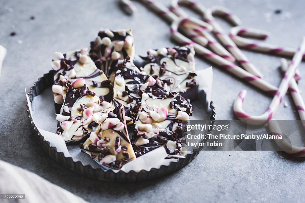 All-natural dark chocolate peppermint bark with cacao nibs and flaky salt