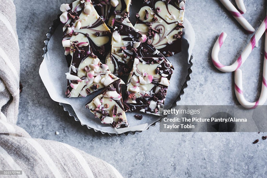 All-natural dark chocolate peppermint bark with cacao nibs and flaky salt