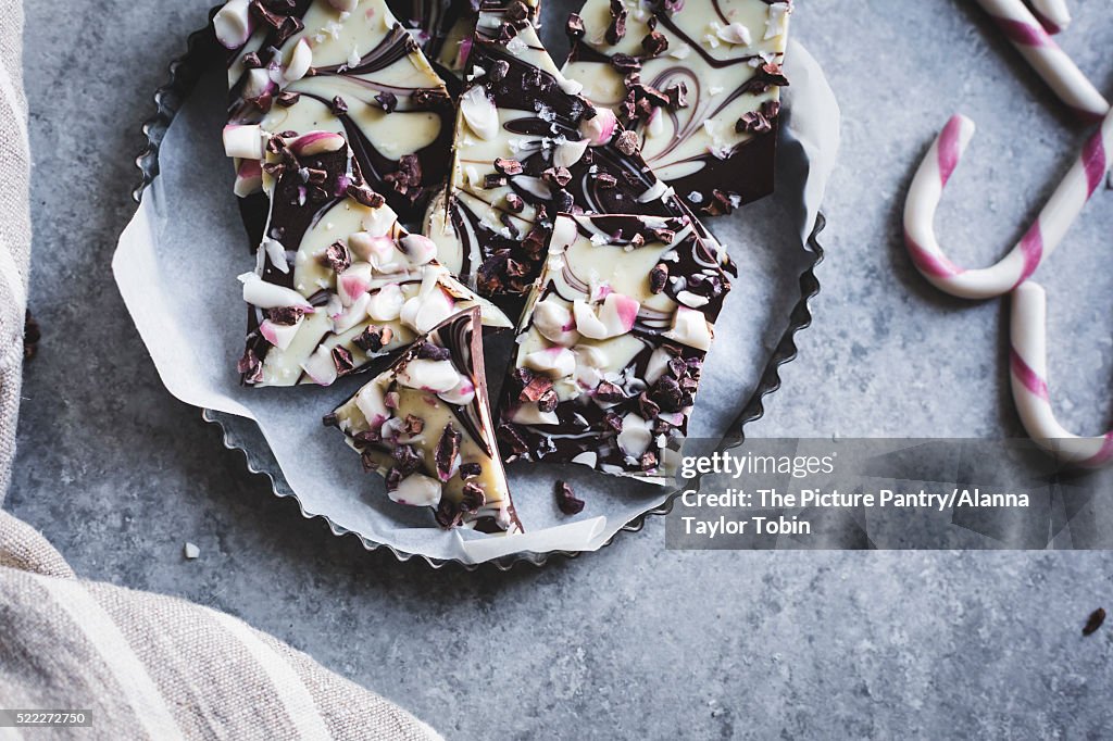 All-natural dark chocolate peppermint bark with cacao nibs and flaky salt