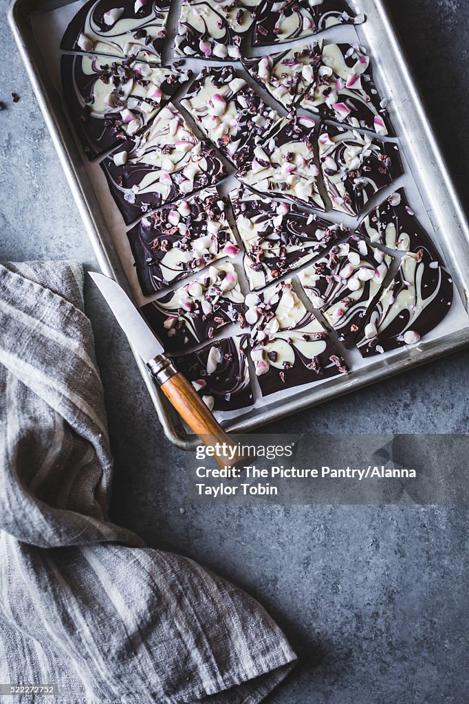 All-natural dark chocolate peppermint bark with cacao nibs and flaky salt