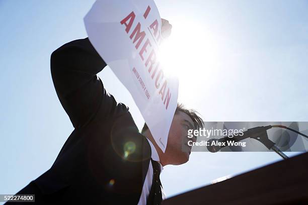 Immigration supporter Jose Antonio Vargas speaks during a rally in front of the U.S. Supreme Court April 18, 2016 in Washington, DC. The Supreme...