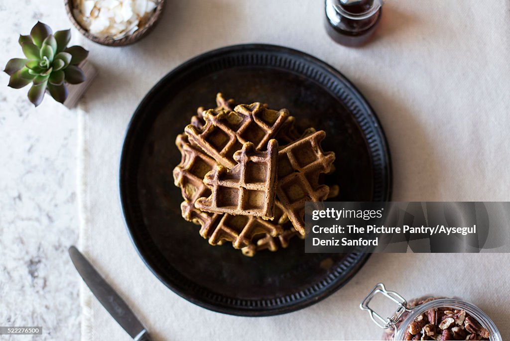 Spicy Pumpkin Waffles with Coconut Whipped Cream