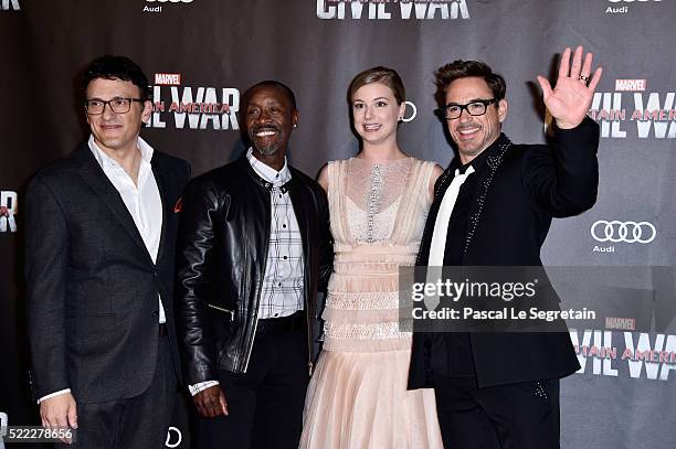 Director Anthony Russo, Actors Don Cheadle, Emily VanCamp and Robert Downey Jr. Attend "Captain America: Civil War" Premiere at Le Grand Rex on April...