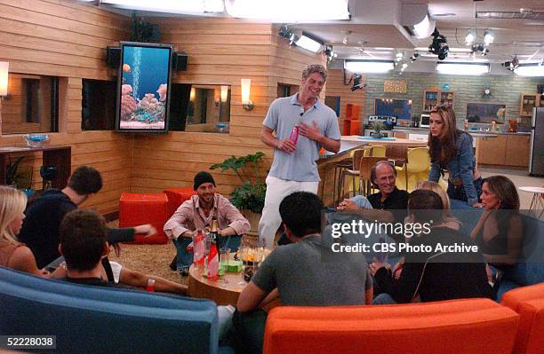 The contestants of the reality-TV series 'Big Brother 4' talk and drink in the Big Brother house during the premiere episode, Studio City, Los...