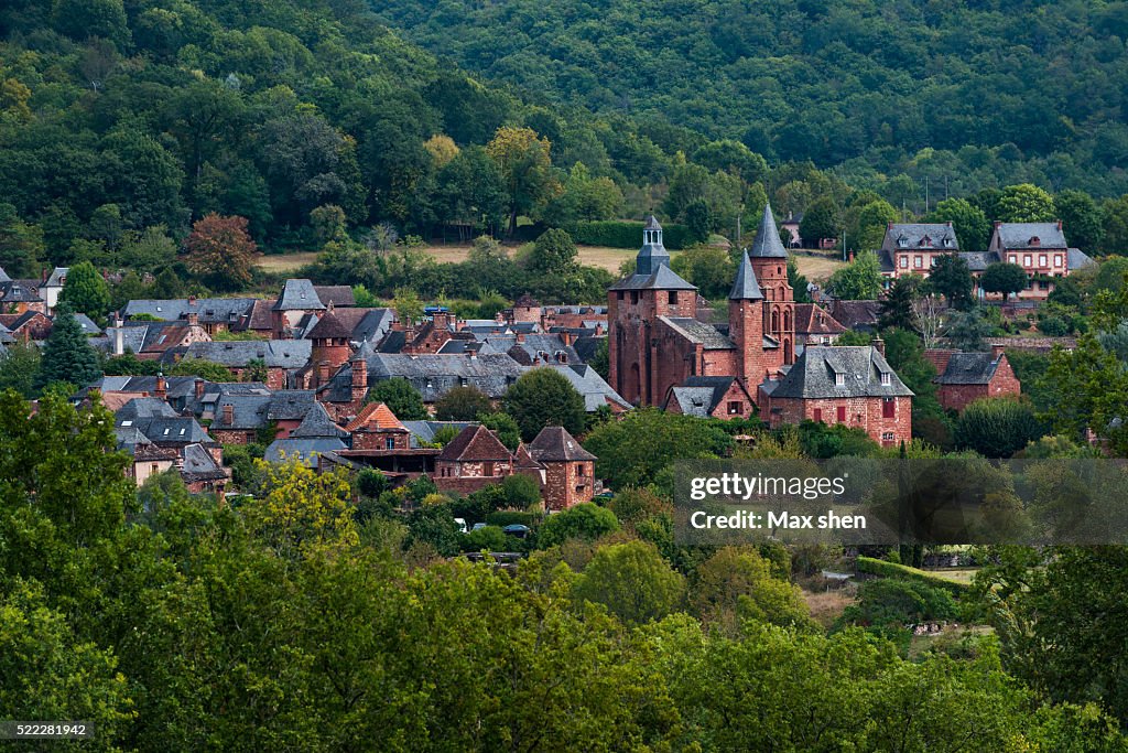 Distant view of Collonges-la-Rouge in France.