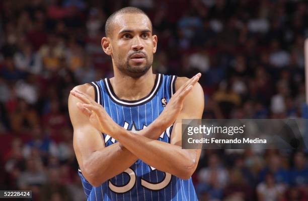Grant Hill of the Orlando Magic disagrees during the game with the Cleveland Cavaliers at TD Waterhouse Centre on February 1, 2005 in Orlando,...