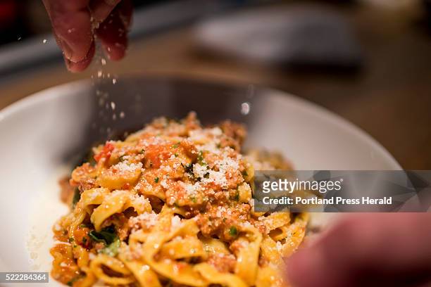 Bolognese with tagliatelle, fonduta, and basil, photographed for Dine Out Maine at Roustabout Friday, April 8, 2016.