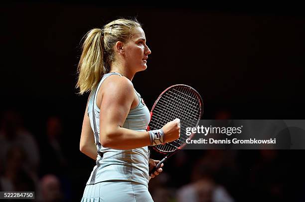 Timea Babos of Hungary celebrates a point in her match against Sabine Lisicki of Germany uring Day 1 of the Porsche Tennis Grand Prix at...