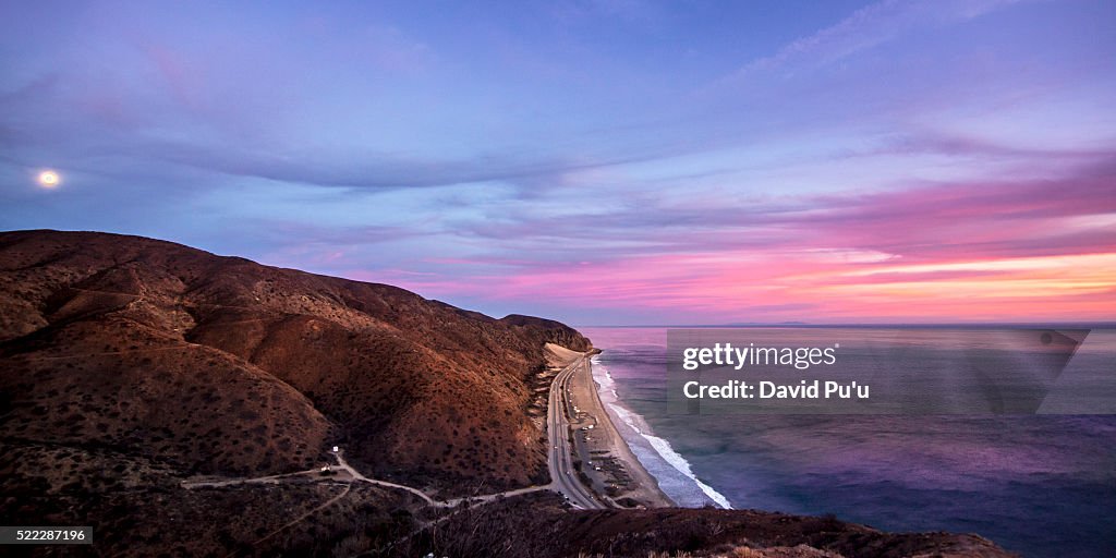 Moon rising over Santa Monica Mountain, Malibu, California, USA