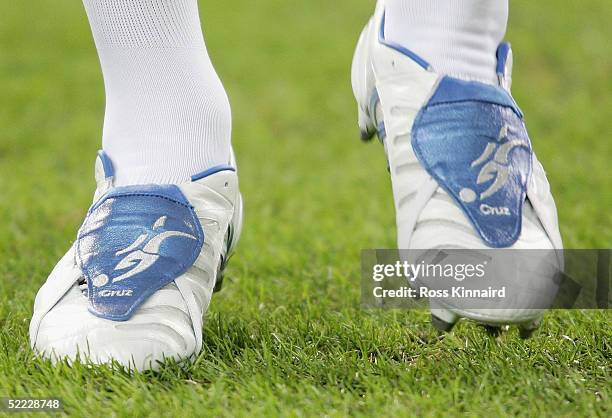 David Beckham pictured with the name Cruz on his boots during the UEFA Champions League match between Real Madrid and Juventus at The Bernabeu...