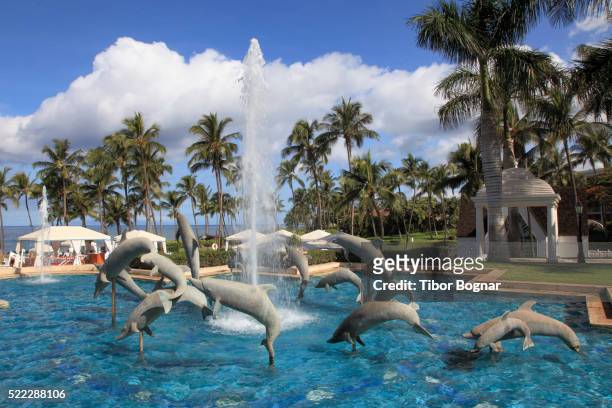 hawaii, maui, wailea, grand wailea resort, fountain, - maui dolphin stock pictures, royalty-free photos & images