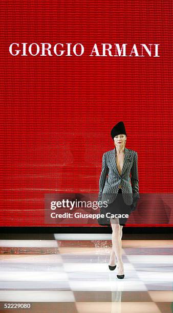 Model walks down the runway at the Giorgio Armani fashion show as part of Milan Fashion Week Autumn/Winter 2005/06 at Armani Theatre on February 22,...