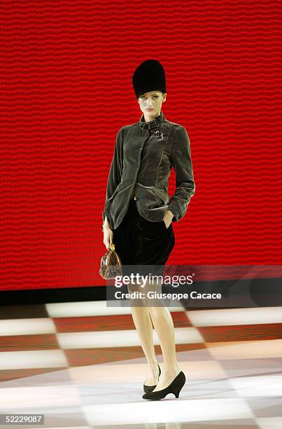 Model walks down the runway at the Giorgio Armani fashion show as part of Milan Fashion Week Autumn/Winter 2005/06 at Armani Theatre on February 22,...