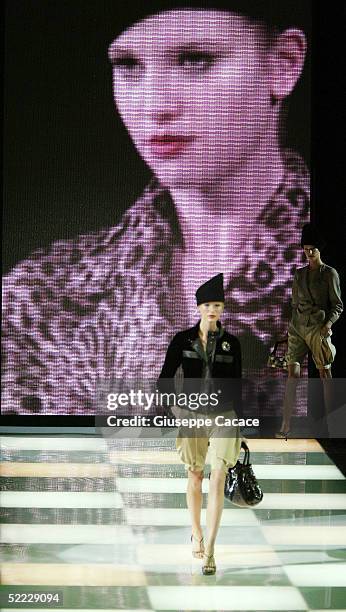 Model walks down the runway at the Giorgio Armani fashion show as part of Milan Fashion Week Autumn/Winter 2005/06 at Armani Theatre on February 22,...