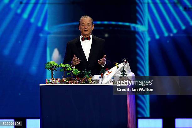 Host Bill Murray on stage with a playmobile set during the 2016 Laureus World Sports Awards at the Messe Berlin on April 18, 2016 in Berlin, Germany.