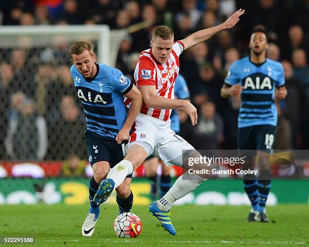 Ryan Shawcross of Stoke City challenges Harry Kane of Tottenham Hotspur during the Barclays Premier League match between Stoke City and Tottenham...