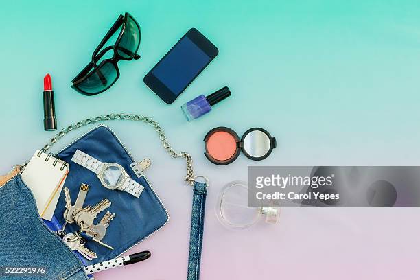contents of woman bag 2 - inside handbag stock pictures, royalty-free photos & images