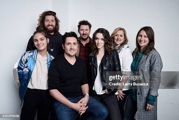 Caitlin Stasey, Lucas Neff, Vincent Masciale, Luke Barnett, Ashlynn Yennie, Natalie Masciale, and Heather Kasprzak from "Fear, Inc." pose at the...