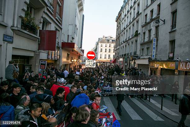 The crowd is waiting for actor Robert Downey Jr during the 'Captain America:Civil War' Premiere at Le Grand Rex on April 18, 2016 in Paris, France.
