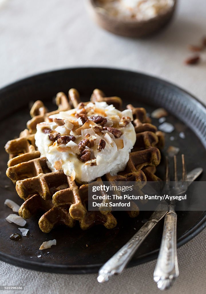 Spicy Pumpkin Waffles with Coconut Whipped Cream