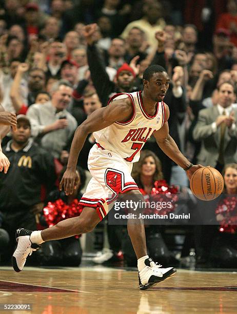 Ben Gordon of the Chicago Bulls dribbles against the Miami Heat on February 22, 2005 at the United Center in Chicago, Illinois. The Bulls defeated...