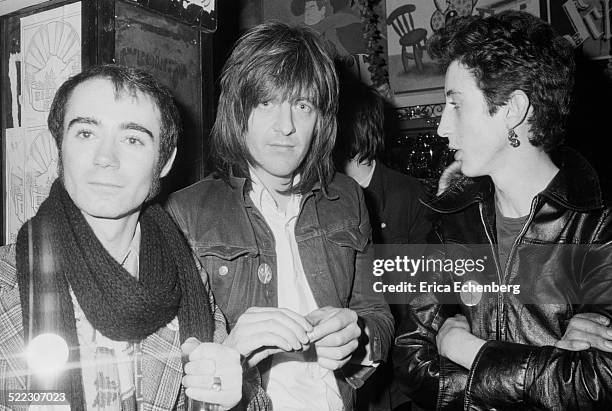 Publicist BP Fallon with musician and producer Nick Lowe and Andy Blade of Eater, Hope and Anchor, London, November 1976.
