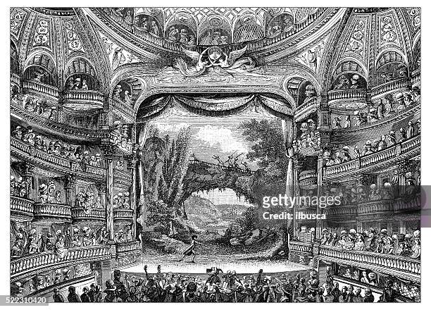 antike abbildung eines im 18. jahrhundert einrichtung von paris theater - theateraufführung stock-grafiken, -clipart, -cartoons und -symbole