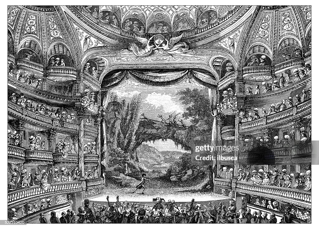 Antique illustration of 18th century interior of Paris theatre