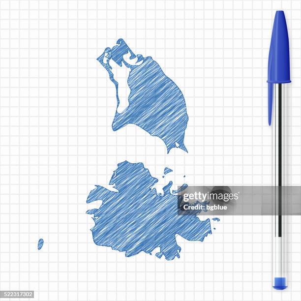 antigua and barbuda map sketch on grid paper, blue pen - ballpoint pen scribbles stock illustrations