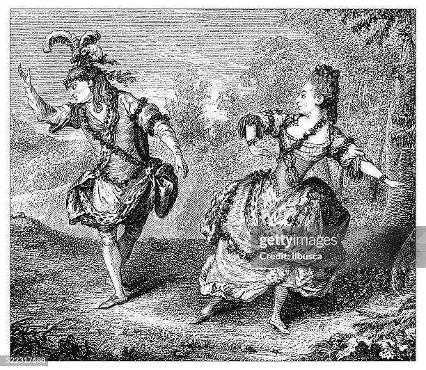 antique illustration of 18th century french dancers performing on stage - acting stock illustrations