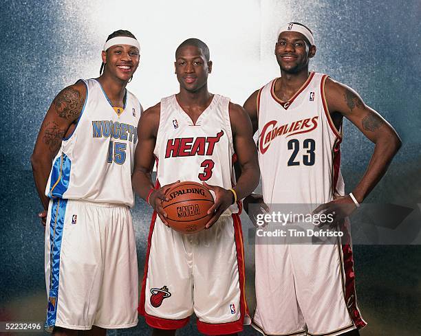 Carmelo Anthony, Dwyane Wade and LeBron James of the Sophmore Team poses for a portrait prior to the 2005 Got Milk? Rookie Challenge at The Pepsi...