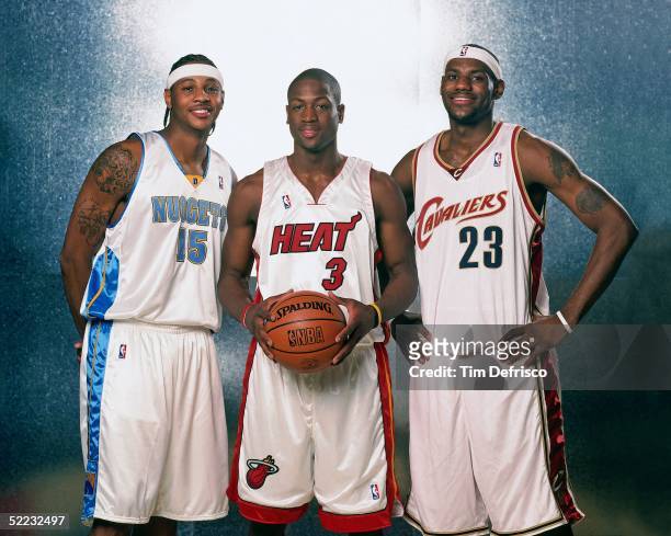 Carmelo Anthony, Dwyane Wade and LeBron James of the Sophmore Team poses for a portrait prior to the 2005 Got Milk? Rookie Challenge at The Pepsi...