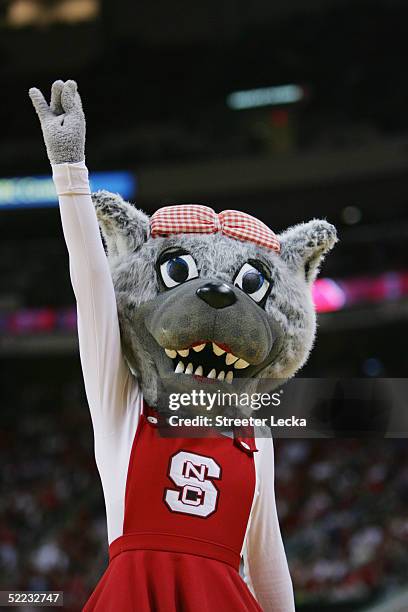 The North Carolina State University Wolfpack mascot preforms during the game against Georgia Institute of Technology Yellow Jackets on January 16,...