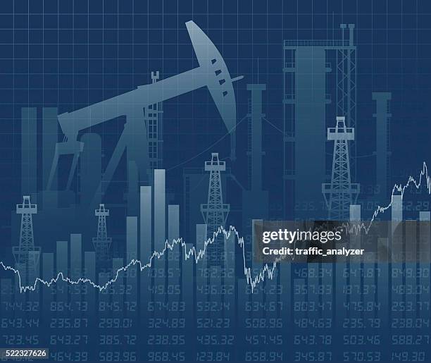 ilustraciones, imágenes clip art, dibujos animados e iconos de stock de derricks y aceite de datos financieros - plataforma petrolera
