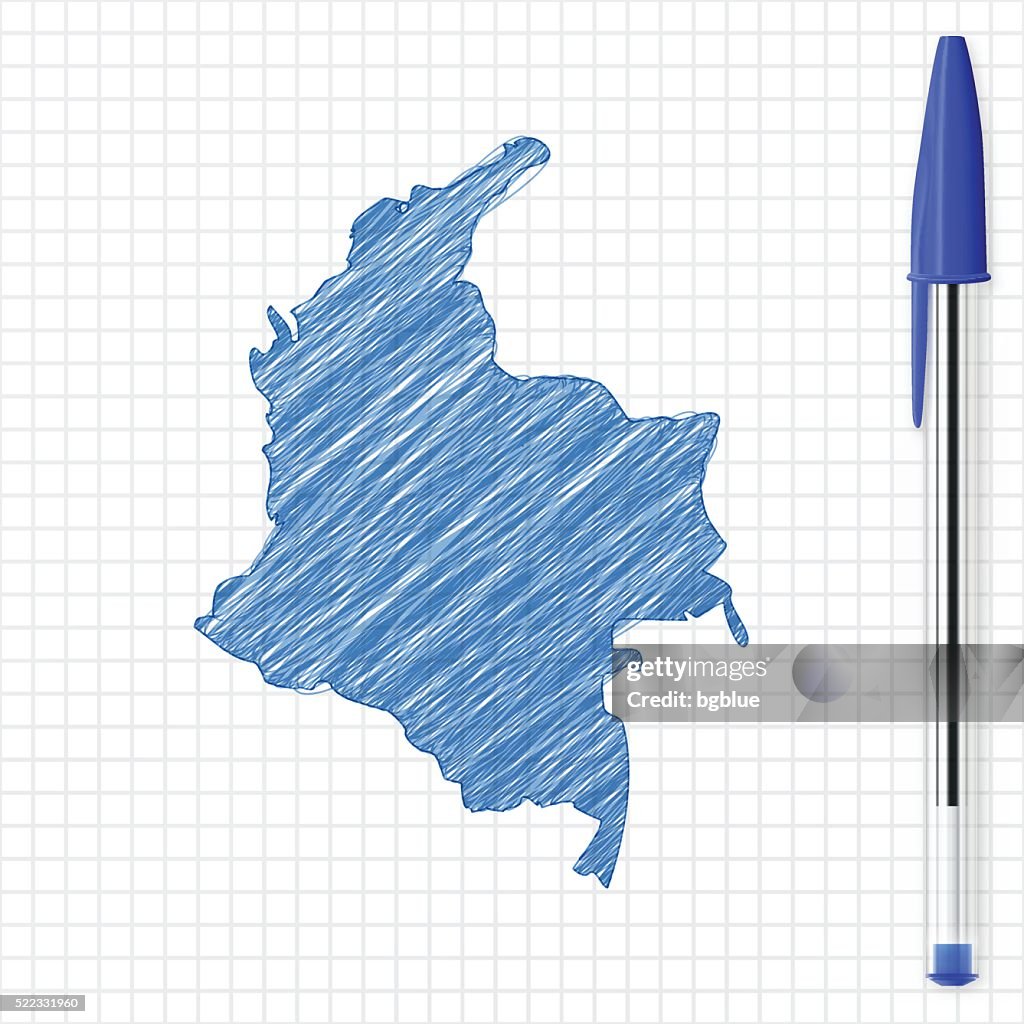 Colômbia mapa esboço em grade papel, canetas Azul
