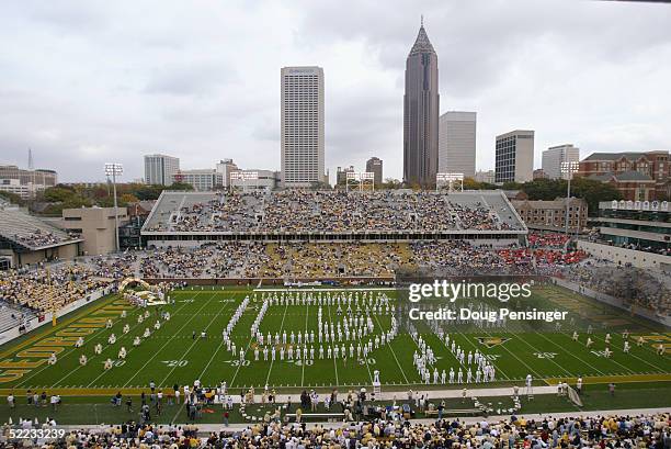 The Georgia Tech Yellow Jackets Marching Band spells "GT" during an intermission in the game against the University of Virginia Cavaliers at Bobby...