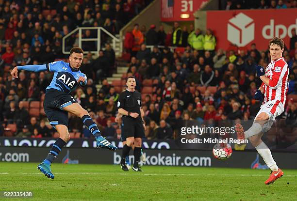 Dele Alli of Tottenham Hotspur scores their fourth goal and his second during the Barclays Premier League match between Stoke City and Tottenham...