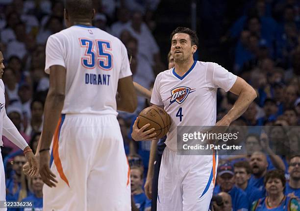 Nick Collison of the Oklahoma City Thunder reacts as he plays the Dallas Mavericks during the second half of Game One of the Western Conference...