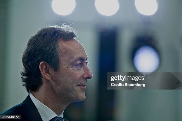 Fabrice Bregier, chief executive officer of Airbus Group's commercial aircraft unit, smiles after speaking at the opening of the Airbus Asia Training...