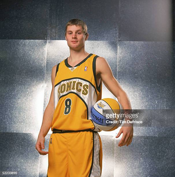 Luke Ridnour of the Seattle Sonics poses for a portrait prior to competing in the PlayStation Skills Challenge during 2005 NBA All-Star Weekend at...