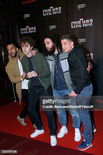 Youtubers Jhon Rachid, Norman Thavaud and guests attend the "Captain America: Civil War" Paris Premiere. Held at Le Grand Rex on April 18, 2016 in...