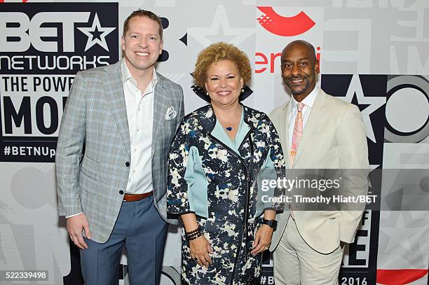 Comedian Gary Owen, BET Chairman and CEO Debra L. Lee, and BET Programming President Stephen Hill attend the BET Upfront on April 18, 2016 in...