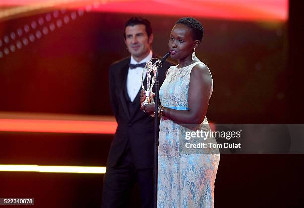 Rachel Muthoga from the project "Moving The Goalposts" accepts the Laureus Sport for Good Award on stage during the 2016 Laureus World Sports Awards...