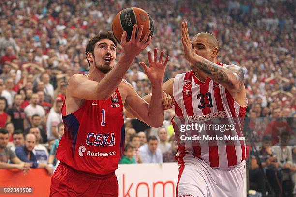 Nando De Colo, #1 of CSKA Moscow competes with Maik Zirbes, #33 of Crvena Zvezda Telekom Belgrade during the 2015-2016 Turkish Airlines Euroleague...