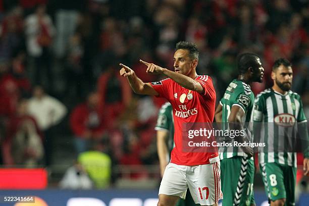 Benfica's forward Jonas celebrates scoring Benfica's first goal during the match between SL Benfica and Vitoria de Setubal for Portuguese Primeira...