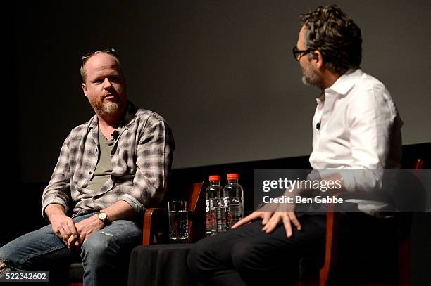 Director Joss Whedon and actor Mark Ruffalo speak onstage at the Tribeca Talks Directors Series: Joss Whedon with Mark Ruffalo event during the 2016...