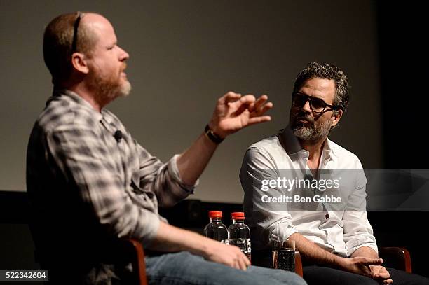 Director Joss Whedon and actor Mark Ruffalo speak onstage at the Tribeca Talks Directors Series: Joss Whedon with Mark Ruffalo event during the 2016...